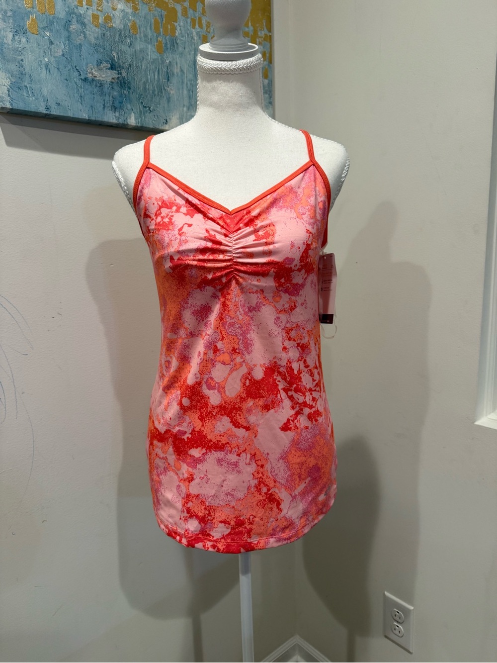 Champion Pink and Orange Marble Ruched Spaghetti-Strap Tank Top With Bra Large